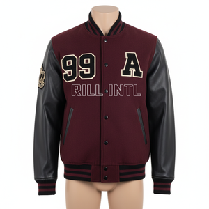 Rill Intl Herren College-Jacke Kastanienbraun mit Schwarzen Lederärmeln und Bestickter Krone auf der Rückseite Lässige Herbstkleidung - Product Image 3