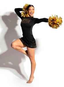 Uniforme de porristas negro de primera clase con pedrería dorada, logotipo personalizado, conjunto de malla larga para equipos de animación - Product Image 4