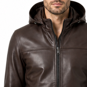 Custom Brown Hooded Genuine <b>Real</b> <b>Leather</b> <b>Jacket</b> Men Winter High Quality Outerwear Regular Fit classic streetwear - Product Image 3
