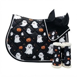 Halloween Horse Saddle Pad Set, Spooky Ghost Equestrian Gear, Matchy Matchy Fly Veil and Brushing Boots, Cute <b>Pumpkin</b> - Product Image 1