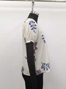 V-Neck Floral Print Woven <b>Lace</b> Cotton Top with Cap <b>Sleeves</b> Button Detail Breathable Spring Casual Regular Fit White Blue - Product Image 3