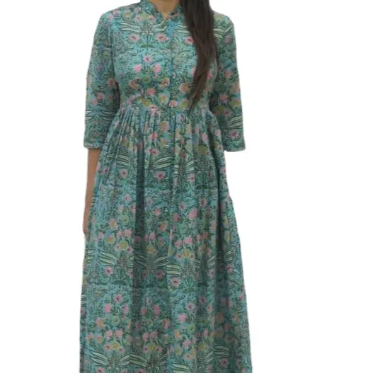 Teal Blau Mughal Midi Freizeitkleid für Damen geschlossener Nacken Baumwollkleid für Damen vom indischen Hersteller und Exporteur