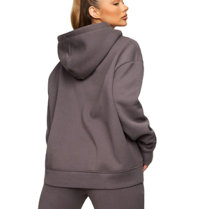 Sweat-shirt à capuche décontracté pour femme, hiver, gris anthracite uni, 100% coton molletonné, manches longues, avec cordon de serrage et poche kangourou - Product Image 2