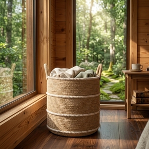 Natural Fiber Storage <b>Baskets</b> Striped Woven Bin Handcrafted Laundry <b>Hamper</b> Balinese Artisan Round Cord Organizer Rustic Home - Product Image 4