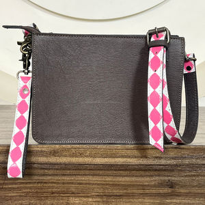 New Latest Stylish Tooled Leather Sling Shoulder Bag Cowhide Purple & White Checkered Western Crossbody Purse <b>Wristlet</b> Handbag - Product Image 5