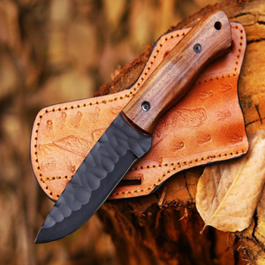 Black Fixed Blade Hunting Knife with Brown Wooden Handle Textured Blade <b>Outdoor</b> Camping Survival Utility Knife for Hiking - Product Image 6