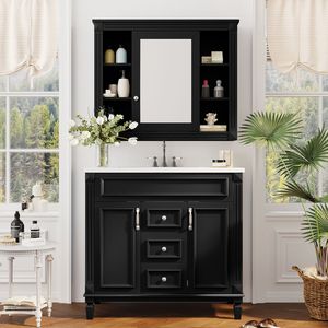 Mobile Bagno Moderno da 90 cm con Specchio Nero, Lavabo Integrato, 2 Ante a Chiusura Ammortizzata e 2 Cassetti - Soluzione Salvaspazio - Product Image 1