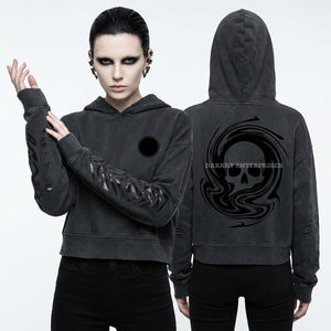 Sudadera con capucha negra premium de 500GSM para mujer, con bajo desgastado, gráfico gótico de calavera en espiral, corte y costura personalizados, estilo oscuro. - Product Image 1