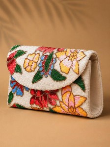 Porte-monnaie rectangulaire mini en coton brodé ethnique, fait main, avec broderie traditionnelle au fil et fermeture éclair, Uttar - Product Image 3