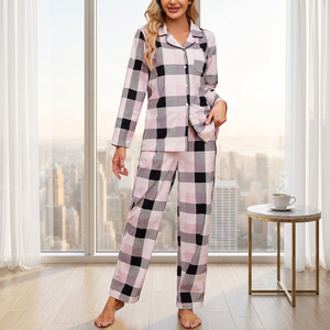 Ensemble pyjama deux pièces pour femmes, vêtements de nuit en flanelle, tenue de détente à col en V et boutons - Product Image 6