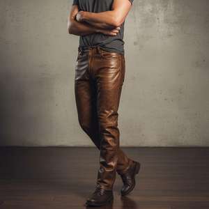 Pantalon en cuir d'agneau marron pour homme, finition cirée vieillie - Product Image 5