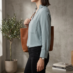 Women's <b>Linen</b> Shirt Long Sleeve Solid Color V-Neck Loose Fit Breathable Minimalist Style Spring Summer <b>Top</b> Vietnam Factory OEODM - Product Image 5