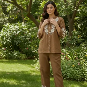 Women's Brown Embroidered Cotton <b>Linen</b> Co Ord <b>Set</b> Mandarin Collar Three Quarter Sleeve Straight Pants Regular Fit Elegant Outfit - Product Image 3