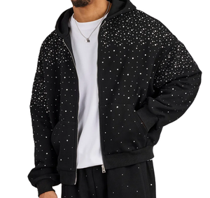 DISCOVER-IMPEX Sweat à capuche tricoté unisexe noir 100% coton, coupe régulière, doublé, écologique, avec strass et finition spray wash, collection hiver - Product Image 2