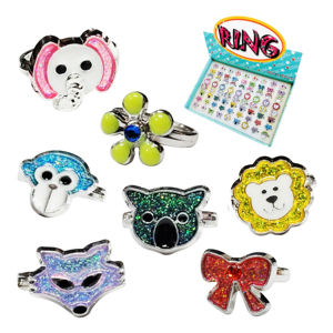 Cute Animal Shape High Quality Eco-friendly Alloy + Resin Rings <b>Mixed</b> Designs Glitter Kids Jewelry Findings <b>Box</b> Pack Made Taiwan - Product Image 1