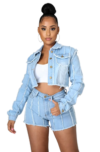 Women's <b>Cropped</b> <b>Denim</b> <b>Jacket</b> Shorts Set Solid Black Washed Raw Edge Casual Streetwear Full Sleeve Turn-down Collar - Product Image 3