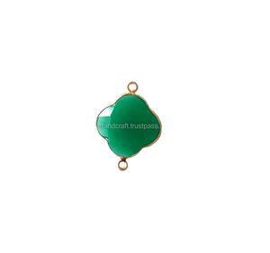 925 Sterling Silver Green Onyx Gemstone Charm Gold Plated Handmade <b>Clover</b> Shape Pendant Bezel Connector for Jewelry Making - Product Image 2