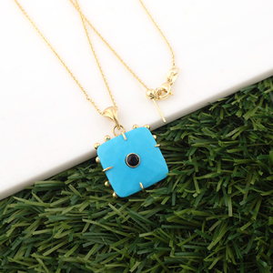 Boho fashioned big blue turquoise <b>black</b> onyx CZ checker cut square <b>pendant</b> <b>necklace</b> adjustable needle layering unisex gold brass - Product Image 2