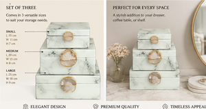 Cream <b>White</b> Glass Jewelry Storage Box Set with Natural Agate Accent <b>Gold</b> Edging Glossy Finish Decorative Keepsake Organizer - Product Image 4