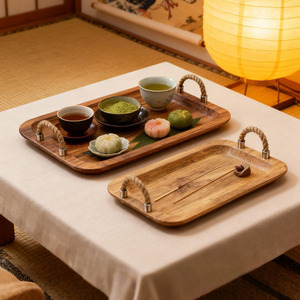 Ensemble de plateaux de service en bois rustique avec construction en bois à grain naturel et poignées robustes en corde de jute pour une prise en main facile et le service des aliments - Product Image 6
