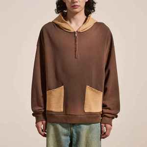 Oversized Men's Hooded Sweatshirt <b>Brown</b> With Tan Pockets Regular Sleeve French Terry 100% Cotton Autumn Wear - Product Image 5