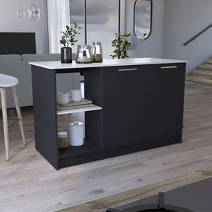 Isola da Cucina Juniper con Mobile a Doppia Anta e Ripiani Aperti, Piano Grande in Marmo Nero/Ibiza - Product Image 1