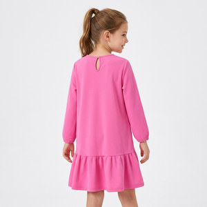 Vestido rosa de punto de manga larga hasta la rodilla con corte en A, dobladillo con volantes, cuello redondo, estilo casual para niñas, 100% algodón, Bangladesh - Product Image 4