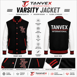 เสื้อแจ็คเก็ตวาร์ซิตี้ผู้ชาย TANVEX INTERNATIONAL สีดำ ขาว แดง ปักลาย TX ติดกระดุมแป๊ก สไตล์สตรีทแวร์ คอตั้ง ผ้าโพลีเอสเตอร์/คอตตอน - Product Image 1