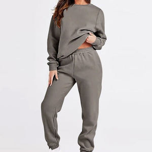 Sweat-shirt et pantalon de jogging unisexe gris uni en molleton, col rond, coupe ample, décontracté, pour l'automne, tricoté, respirant, avec poches. - Product Image 5