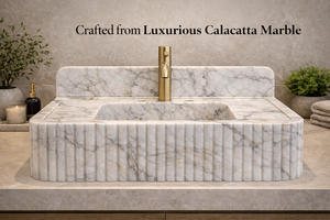 Fabricant de lavabos en marbre Calacatta, fournisseur de lavabos de salle de bain en marbre cannelé, lavabo de comptoir fait main pour projets hôteliers et de villas - Product Image 6