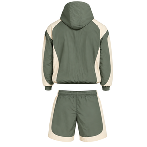 Mens Olive Green Neutral Nylon Hoodie <b>Shorts</b> Set Quarter <b>Zip</b> Colorblock Lightweight Sports Training Running Casual Outfit - Product Image 2