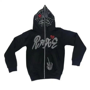 Sudadera versátil con capucha y cremallera completa, diseño de pedrería, tejido de mezcla de algodón y poliéster. - Product Image 3