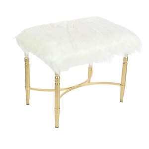 SWT Modern Fabric Round Faux <strong>Fur</strong> Ottomans <strong>Stool</strong> With Metal Legs - Product Image 1