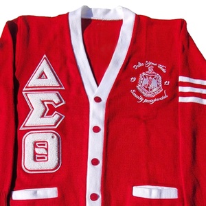Delta Sigma Theta Women's Red Cardigan Sweater V-Neck Full Sleeve Embroidered Greek Letters Preppy Style Winter Knit - Product Image 5