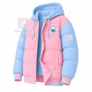 Chaqueta acolchada personalizada Jack & Jill of America con logo bordado en la parte delantera, color rosa y azul claro, manga larga, para mujer. - Product Image 2