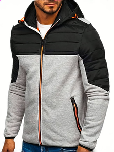 Men's French Terry Fleece Customizable Hooded Jacket Regular Fit Zipper Front Windproof Casual Autumn Wear Gray Black Orange - Product Image 2