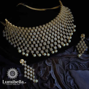 Ethnic American Diamond Golden Reception Choker-Brass & Copper Wedding Necklace with Zircon & Rhinestone - Product Image 1