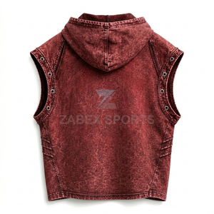 Chaleco de mezclilla de algodón personalizado OEM para hombre, sin mangas, con capucha y estampado gráfico - Product Image 2