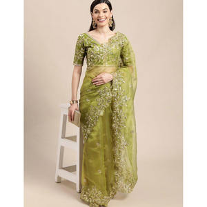Sari brodé pour soirée avec blouse non cousue, vert - Product Image 1