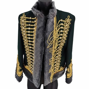 Men's Green PU Double Breasted Embroidered Bomber <b>Jacket</b> Stand Collar Faux Fur Lining Gold Stitching Winter England Style Logo - Product Image 1