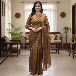 Sari de seda dorada pre-cosido, listo para usar en un minuto, con blusa cosida. | Vestidos Elegantes para Fiestas y Bodas para Mujer - Product Image 4