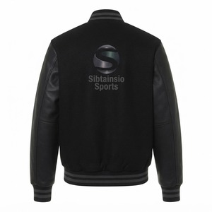 แจ็คเก็ตบอมเบอร์สีดำแบบ OEM แขนหนัง ปิดด้วยกระดุมแป๊ก คอปก แขนเสื้อ และชายเสื้อแบบริบ แจ็คเก็ต Letterman แบบสั่งทำพิเศษ - Product Image 2