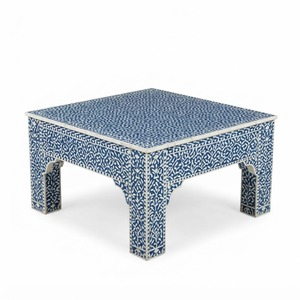 Table basse géométrique en os incrusté noir et blanc, table d'appoint cube à illusion optique, tabouret moderne artisanal en résine et os incrusté - Product Image 5