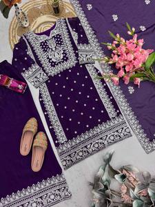 Ensemble Salwar Kameez en soie Fandy lourde, orné de pierres gaufrées violettes, pour femmes indiennes et pakistanaises, tenue de fête traditionnelle, robe de mariage - Product Image 6