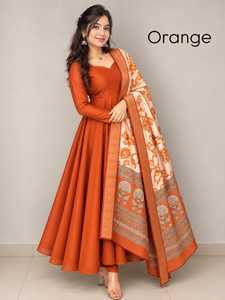 Orange Silk Anarkali <b>Kurta</b> Set with Printed Dupatta Floor-Length Traditional Indian Party <b>Dress</b> by Shivam Hub - Product Image 1