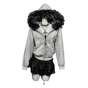 Women Solid Casual Breathable Lined Hooded Zip Front Acid Wash Sweatshirt with Faux <b>Fur</b> <b>Trim</b> Knitted Windproof Winter Wear - Product Image 1