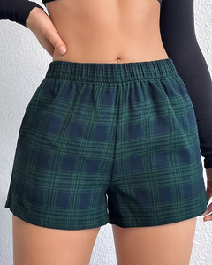 Women's High Waist Plaid Knitted Shorts With Pockets Breathable Elastic Waist Loose Fit Casual Sporty Style - Product Image 2