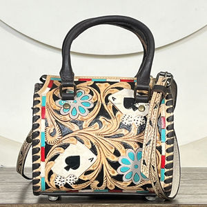 Premium Tooled Genuine Leather Small Speedy Duffel Bags Western Floral Card Design Shoulder Crossbody Travel Handbag for Women - Product Image 4