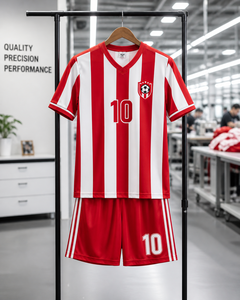 Conjunto de Uniforme de Fútbol Personalizado con Rayas Rojas y Blancas, Uniforme Deportivo Transpirable de Poliéster con Pantalones Cortos para Equipos - Product Image 6