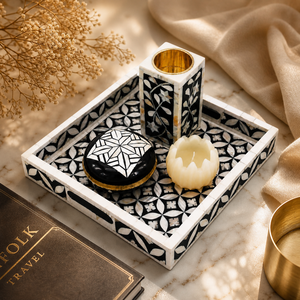 Bone Inlay Serving Tray | Luxury Tea Light Bakhoor Box | Handmade Gulf UAE Decor Tray | Premium Wooden Inlay <b>Gift</b> Set Home Decor - Product Image 1